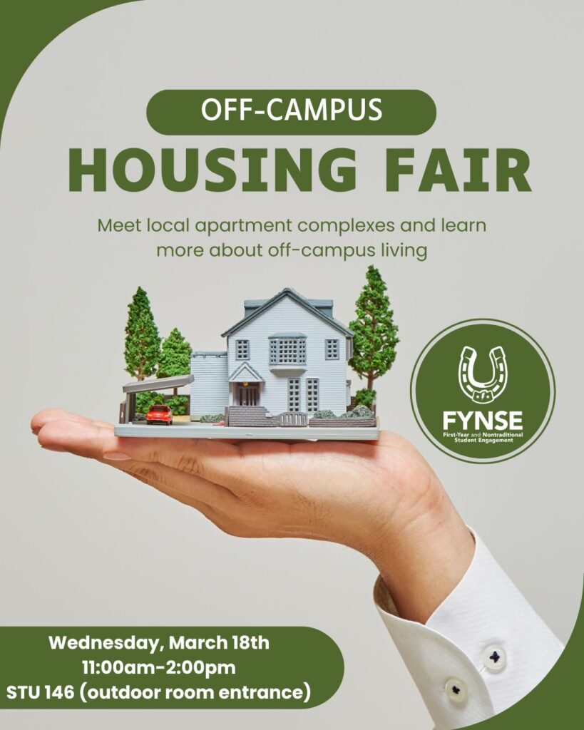 Stop past our spring Off-Campus Housing Fair to learn more about Off-Campus living options in and around Murfreesboro. Wednesday, March 18th 11am-2pm Student Union Room 146 (entrance located outside).